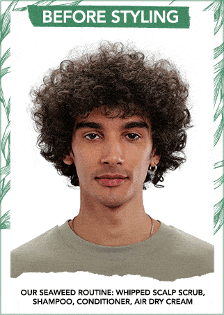 Before and after of a male model with curly hair